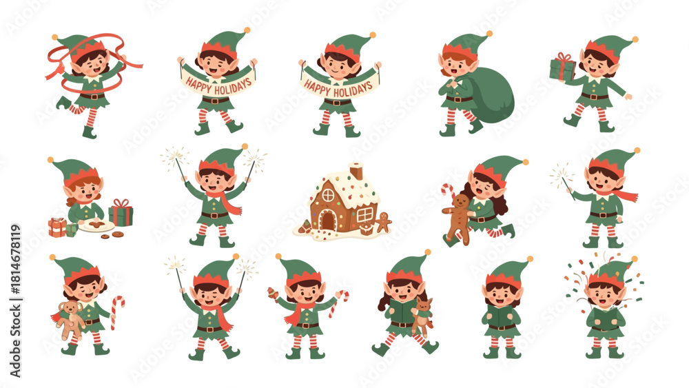 Naklejka premium Whimsical Christmas Elf Collection: A vibrant compilation of charming elves engaged in festive activities. Captured in a dynamic array of scenes.