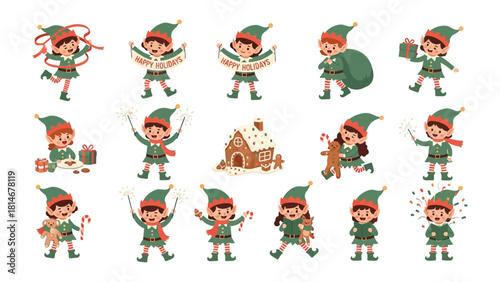 Whimsical Christmas Elf Collection: A vibrant compilation of charming elves engaged in festive activities. Captured in a dynamic array of scenes.
