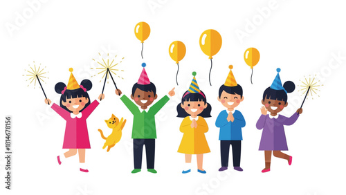 Joyful Birthday Celebration: A group of excited kids is gathered to celebrate birthday with balloon and sparkler. Capturing the spirit of joy and the magic of childhood. 
