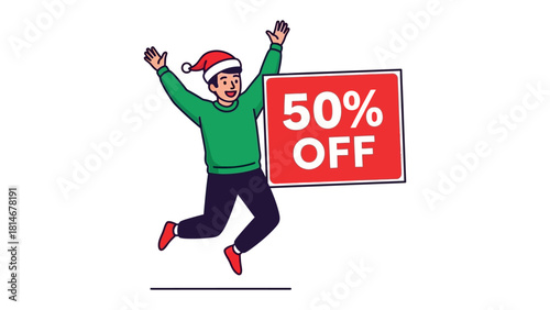 Christmas Sale Celebration: An excited person with a Santa hat joyfully leaps, holding a sale sign to announce a 50% discount during Christmas, evoking holiday cheer and savings.