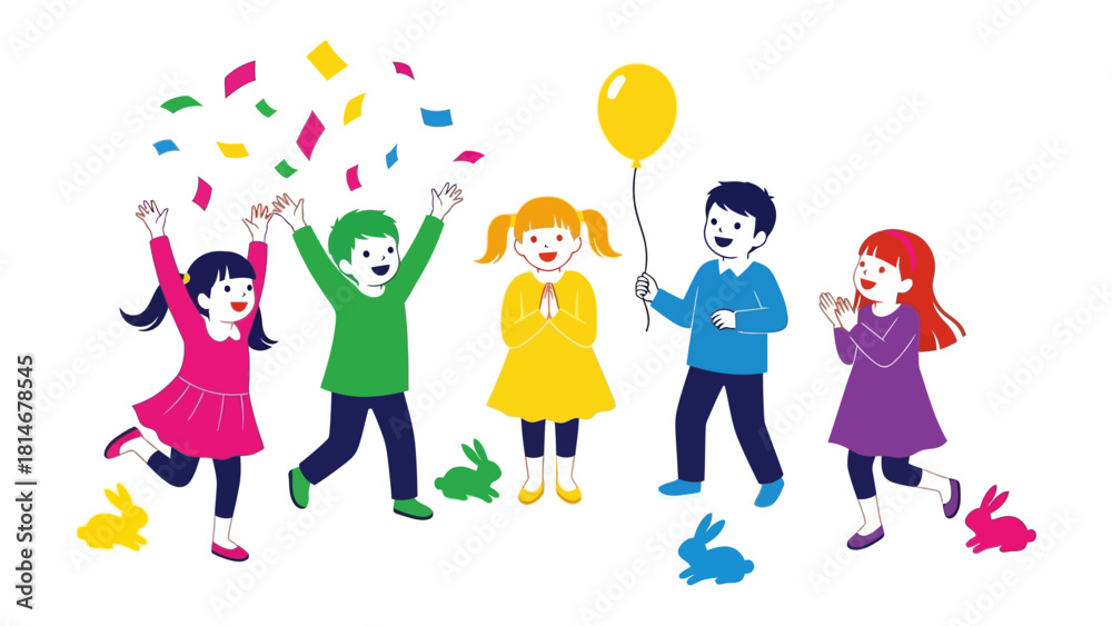 Fototapeta premium Children's Joyful Party: A group of excited children celebrate a party. Filled with confetti, joy, and a yellow balloon. A colorful illustration of playful children enjoying a cheerful celebration.