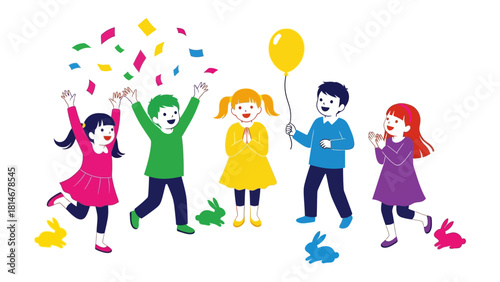 Children's Joyful Party: A group of excited children celebrate a party. Filled with confetti, joy, and a yellow balloon. A colorful illustration of playful children enjoying a cheerful celebration.