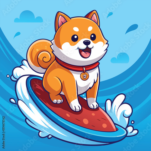 Adorable shiba inu dog surfing on a strawberry shaped surfboard with joyful expression