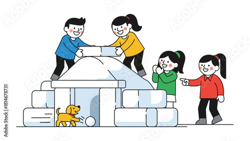 Cooperative Snow Fort: Four children collaboratively build a snow fort, their teamwork and joy creating a winter wonderland. A playful dog joins the fun, adding to the heartwarming scene.
