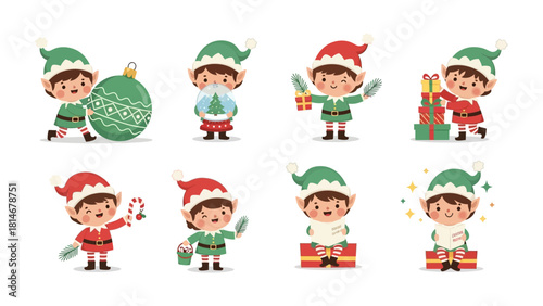 Festive Elves: A cheerful group of holiday elves preparing for a joyous celebration, surrounded by gifts, ornaments, and holiday cheer.