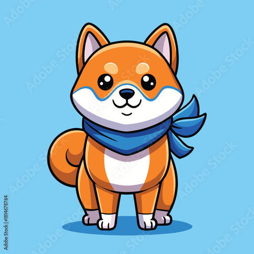 Adorable cartoon shiba inu dog wearing a blue bandana with a playful expression