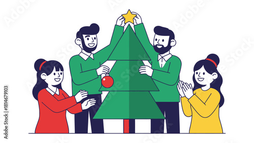Holiday Decoration: A heartwarming illustration captures a family's joyous tradition of adorning a festive evergreen tree with ornaments.
