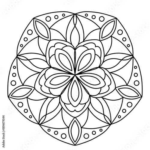 Intricate flower petal mandala line art for coloring