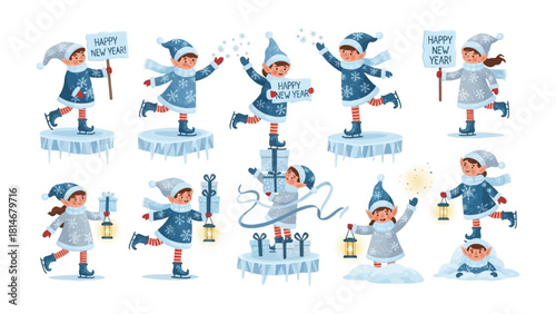 Cheerful Characters for the New Year: Playful illustrations depicting animated characters joyfully celebrating the upcoming New Year, radiating a sense of excitement and festivity.