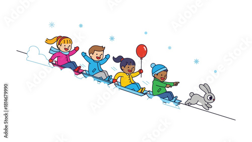 Joyful Snow Day: Children and rabbit enjoy the exhilarating experience of sledding down a snowy hill. Expressing the joy, laughter, and excitement of a winter day.