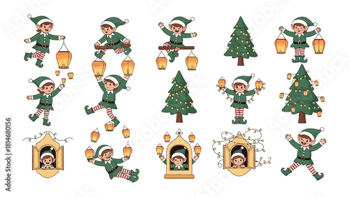 Festive Elves and Christmas Trees: A delightful collection of playful elves engaging in various activities around beautifully decorated Christmas trees, radiating holiday cheer and festive spirit.