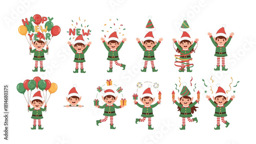 Elf Celebrations: A festive ensemble of playful elves in vibrant costumes engage in a joyous holiday celebration, with a series of diverse illustrations conveying the excitement.