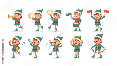Holiday Elf Parade: A whimsical array of holiday elves marches in festive procession, each playfully engaged with their own musical instrument or celebratory accoutrements.
