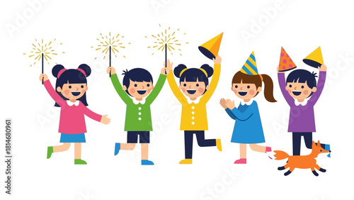 Celebrating Children: Five happy children with party hats and sparklers in hand revel in a joyous celebration. A dog running on side create joyful mood.