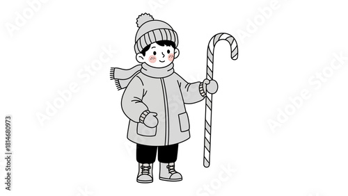 Cozy Winter Day with a Boy and Candy Cane: A charming illustration depicts a young boy bundled up in winter attire, holding a candy cane against a soft background.