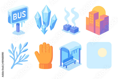 Isometric Winter Morning Icons. City Morning Frost flat icons set. frozen street sign, shimmering ice crystals, sunrise glow over buildings, frosty branches, steaming vents, icy