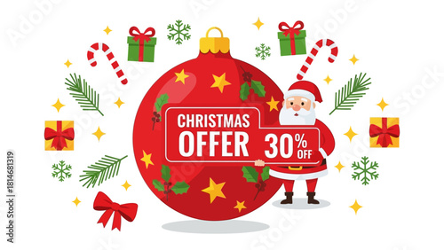 Festive Holiday Offer: A jolly Santa Claus presents a Christmas Offer 30% Off message on a large red ornament, surrounded by holiday icons, including presents, candy canes, stars, and snowflakes.