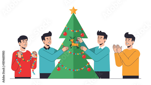 Joyful Christmas Decoration: A group of friends come together to decorate a Christmas tree, with festive spirit and create the holiday atmosphere.