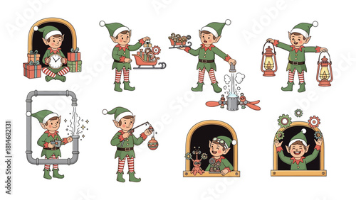 Elves working at the workshop: A collection of various Christmas elves busy in workshop, preparing and checking gifts and decorations for celebration.