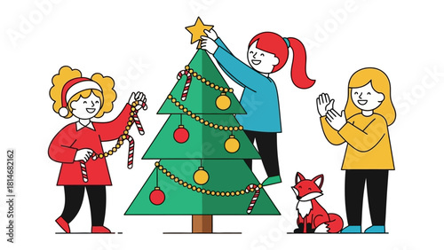 Festive Tree Decorating: A group of friends, gathered around a Christmas tree, are meticulously adorning it with ornaments and festive decorations, culminating in a celebration of the holiday season.