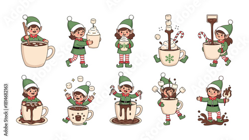 Whimsical Hot Cocoa Elves: A playful collection of cartoon elves engaged in the delightful creation of hot cocoa, with a sprinkle of holiday cheer and sweet treats.