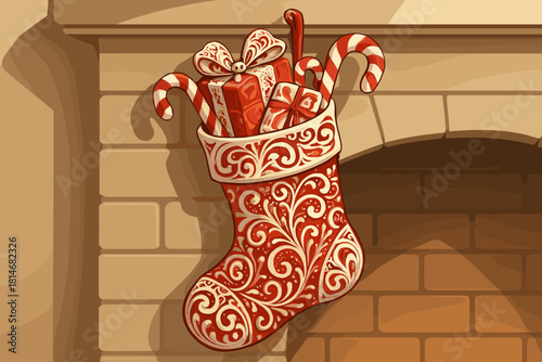 Festive Stocking by Fireplace. Ornate Christmas stocking, filled with wrapped presents and candy canes, designed with the same swirling patterns. The stocking hangs. Vector illustration