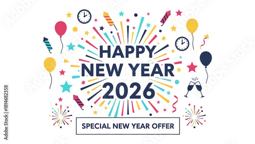 New Year Celebration 2026: A vibrant and colorful design perfect for celebrating the arrival of the New Year, full of festive elements and a promise of joy.