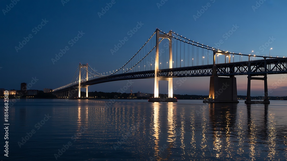 Obraz premium Illuminated Suspension Bridge at Night with Sparkling Water Reflections Photo
