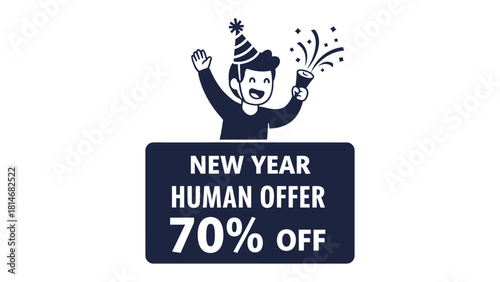 New Year Offer Celebration: A celebratory banner signals an offer, featuring a figure reveling in New Year festivities, exuding jubilation and excitement, with a playful confetti cannon.
