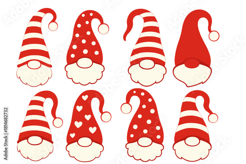 Festive Gnome Hats. Festive icon set featuring a variety of gnome hats with different patterns: stripes, polka dots, and hearts. Each hat is uniquely shaped with a. Vector illustration