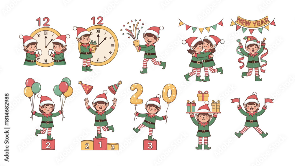 Fototapeta premium Christmas Elves Collection: A festive array of Christmas elves engaged in celebratory activities, from welcoming New Year, with colorful decorations.