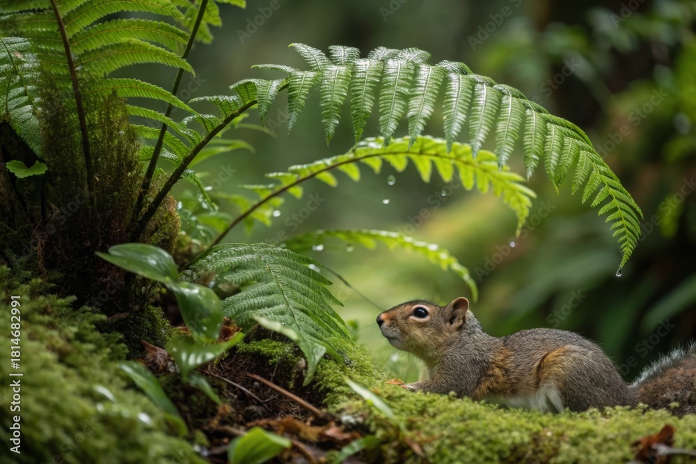 Fototapeta premium Photorealistic squirrel resting under lush ferns in a rainforest macro detail capturing morning dew on leaves