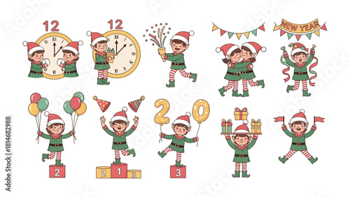 Christmas Elves Collection: A festive array of Christmas elves engaged in celebratory activities, from welcoming New Year, with colorful decorations.