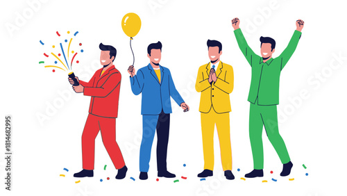 Celebration Illustration: Four figures in vivid suits celebrate with confetti, balloons, and joyful expressions. A modern, minimalist illustration portraying pure elation.