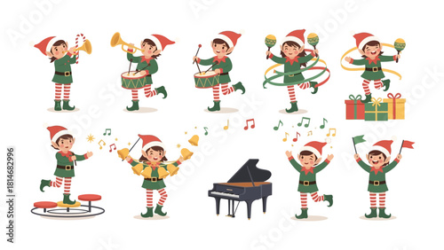 Festive Elf Orchestra: A joyful collection of elves in traditional attire, each playing a different instrument and spreading the holiday cheer.