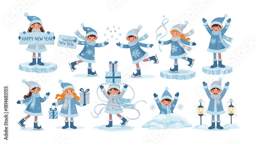 Winter Wonderland: Delightful illustrations of children embracing the winter season, each exuding joy and merriment in a snowy landscape. A joyous winter scene filled with holiday cheer.