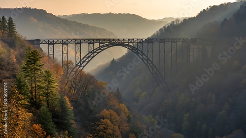 Majestic steel railroad bridge sunrise view across misty valley photo