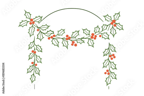 Festive Garland Design. Festive garland draped elegantly across a doorway, embellished with small holly leaves and berries. The line art style captures the delicate. Vector illustration