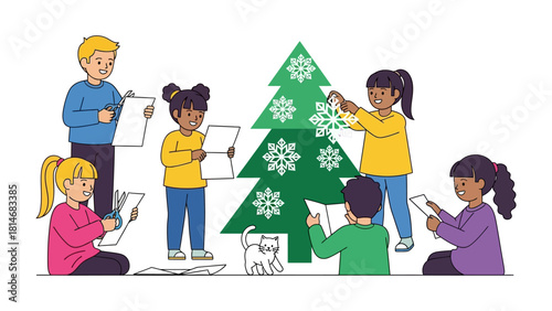 Holiday Crafting: Capturing the spirit of the holiday season, a diverse group of children gathers to decorate a festive tree with homemade crafts.