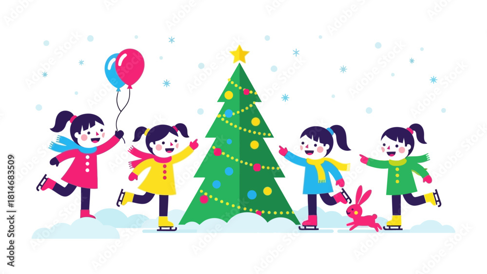 Fototapeta premium Festive Joy: A charming illustration captures the magic of the holiday season, with children skating around a decorated Christmas tree under a gentle snowfall. 