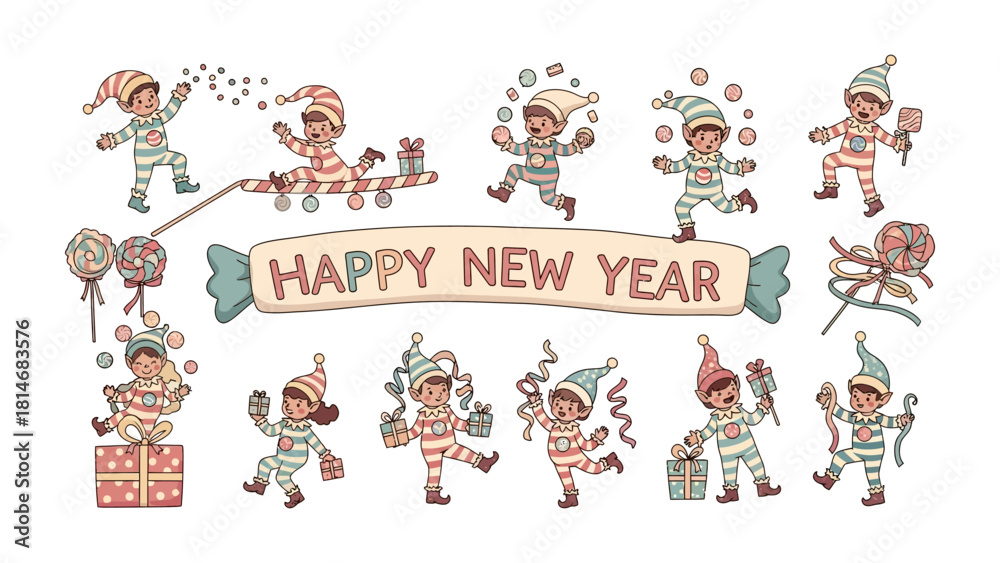 Fototapeta premium Joyful New Year's Elves: Whimsical illustrations capture the playful essence of the New Year, depicting a festive array of elves engaged in various joyful activities. These cheerful characters.