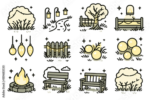 Garden Light Symphony. Garden Lights linear icon set: fairy lights on bushes, lantern path, tree wrapped in lights, glowing ornaments, frosty grass, soft yellow bulbs, wooden fence
