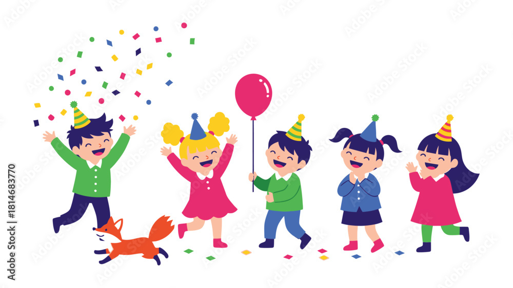 Fototapeta premium Cheerful Celebration: Vibrant illustration of happy children, celebrating a special event, full of joy and excitement. 