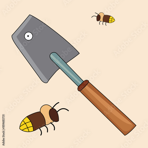 Gardening trowel with cartoon bees on beige background