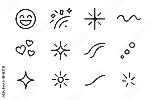 Joyful Icons Collection. Joyful Moments Collection linear icon set: laughter mark, confetti arc, rising spark, playful wave, tiny heart cluster, gentle shine, celebration swoosh