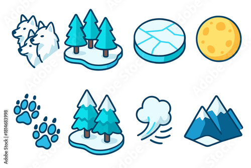 Arctic Wolf Icons. Arctic Wolves flat icons set. wolf pack, snowy forest, icy ground, full moon, paw prints, frosted trees, cold breath, mountain backdrop