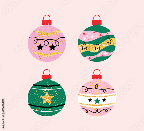 Illustration of a set of New Year's balls on a light pink background.
