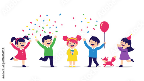 Festive Celebration with Friends: A joyous gathering of children celebrating a special occasion. Playful kids filled with glee, surrounded by colorful confetti and joy.