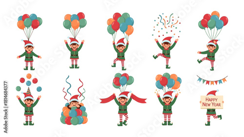 Cheerful Holiday Elf Collection: A vibrant assortment of festive elves, each brimming with glee amidst a collage of colorful balloons, confetti, and streamers, celebrating the holiday spirit.