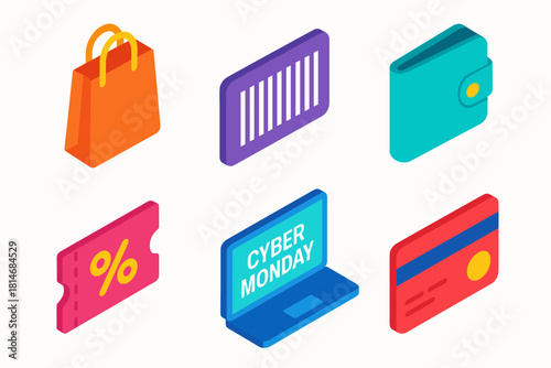Cyber Monday Icons. Cyber Monday Checkout flat icons set. shopping bag, barcode, wallet, discount ticket, laptop screen, payment card